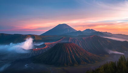 a panoramic view of a dome mountain bathed in the soft light of sunrise