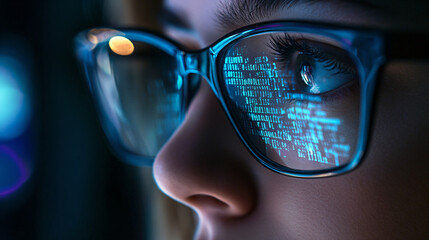 Poster - Close up of a person's eye looking at a computer screen with code reflected in their glasses.