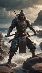 A muscular, male warrior  wearing a leather and metal armor outfit, holding a large sword, standing on a rocky cliff overlooking a stormy ocean