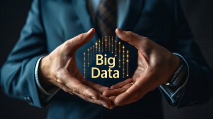Aufkleber - Man in formal attire holds a futuristic big data concept illuminated with golden lights