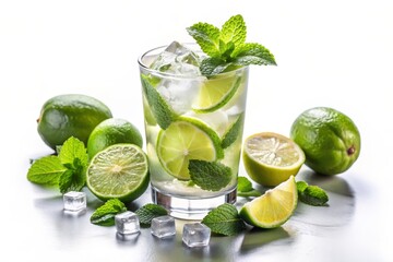 A glass of mojito with fresh mint leaves, lime slices, and ice cubes. This image symbolizes refreshment, summer, relaxation, tropical flavors, and celebration.