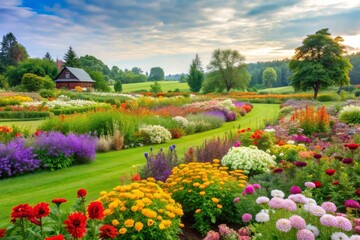 A picturesque scene of a cottage nestled amidst a vibrant flower garden, showcasing the beauty of nature and a sense of tranquility. The blue sky and green grass create a serene backdrop, while the co