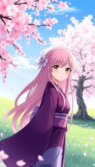 Wall Mural - A young anime-style girl with long pink hair wearing a purple kimono standing in a field with cherry blossom trees