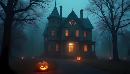 A spooky haunted house with eerie fog and glowing jack-o'-lanterns