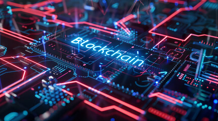 Poster - Illuminated circuit board in blue and red represents blockchain technology, alluding to cryptography and cryptocurrency