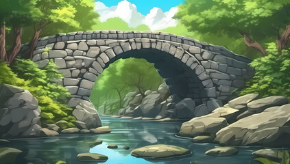 anime stone bridge cartoon fantasy magic forest river green landscape