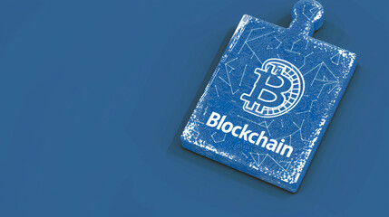 Leinwandbilder - Solitary puzzle piece on a blue background featuring a bitcoin symbol and the word blockchain imprinted on it