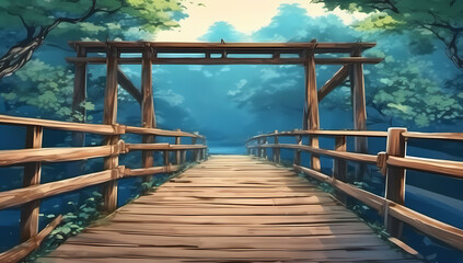 anime forest wooden bridge cartoon fantasy woods nature wood