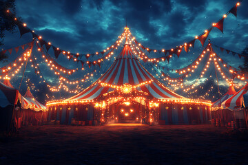 Night view of a circus tent under a warn sunset and chaotic sky