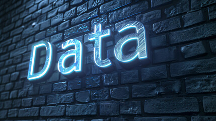 Poster - The interconnected world of technology and digital communication symbolized by a bright blue neon sign illuminating the word data against a dark brick wall. Analysis of big data