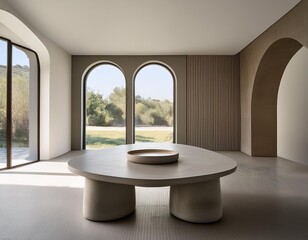 Wall Mural - Minimalist Modern Interior Design With Arched Walls And Concrete Table