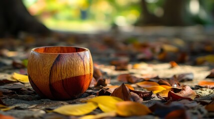 Wooden cup on ground with tree leaves.