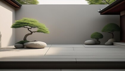 Wall Mural - Minimalist Zen Garden Courtyard Design with Small Tree and Stone