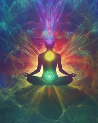 Wall Mural - a serene depiction of a meditation symbol surrounded by pulsating alpha waves, radiating energy to s