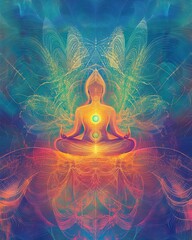 Wall Mural - a serene depiction of a meditation symbol surrounded by pulsating alpha waves, radiating energy to s