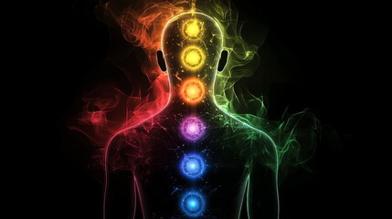 Wall Mural - A detailed graphic of the human chakra system, with each chakra point illuminated by powerful sound waves, creating a sense of balance and energy flow