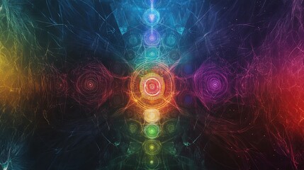 Wall Mural - A detailed graphic of the human chakra system, with each chakra point illuminated by powerful sound waves, creating a sense of balance and energy flow