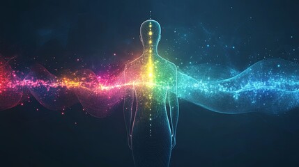 Wall Mural - A detailed graphic of the human chakra system, with each chakra point illuminated by powerful sound waves, creating a sense of balance and energy flow