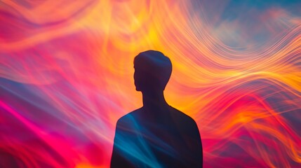 Wall Mural - a calming image of a human silhouette surrounded by soft, colorful sound waves, representing the ene