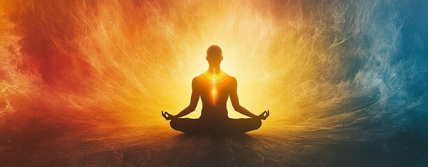 Wall Mural - A high-resolution graphic showing a pulsating aura around a meditation figure, with sound waves interacting with the chakras, creating a sense of cosmic balance