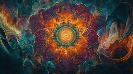 Wall Mural - a colorful depiction of a cosmic mandala surrounded by sound waves, representing the harmony of cosm