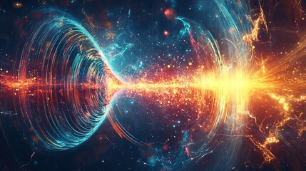 Wall Mural - A graphic showing sound waves merging with cosmic particles, creating a sense of harmony and balance, with detailed lighting and dimensional effects