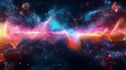 Wall Mural - A graphic showing sound waves merging with cosmic particles, creating a sense of harmony and balance, with detailed lighting and dimensional effects