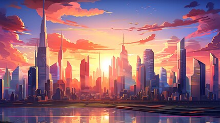 Wall Mural - A futuristic city skyline rendered in dynamic isometric 3D vector art, featuring sleek skyscrapers and flying vehicles against a dramatic sunset backdrop.