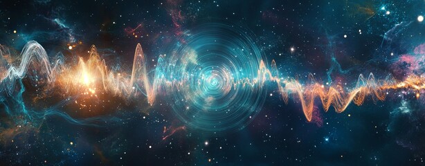Wall Mural - a conceptual graphic showing sound waves cascading through a cosmic landscape, representing the conn