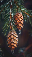 Two pine cones on a tree branch with water drops on them