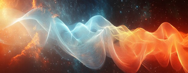Wall Mural - a conceptual graphic showing sound waves cascading through a cosmic landscape, representing the conn