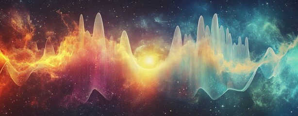 Wall Mural - a conceptual graphic showing sound waves cascading through a cosmic landscape, representing the conn