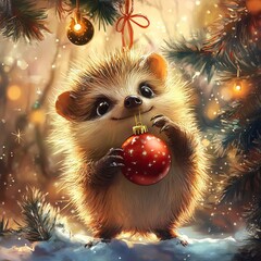 Hedgehog and Christmas tree and toy. Close up cute hedgehog in Winter, Christmas holiday decoration background. AI generated image