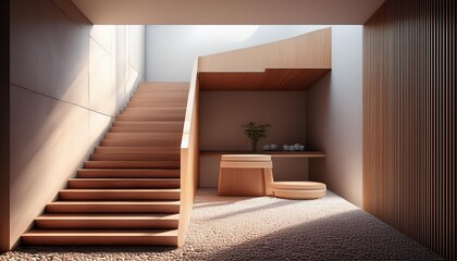 Wall Mural - Modern Minimalist Interior Design With Wooden Stairs and Pebble Flooring