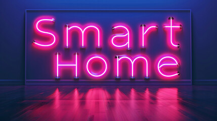 Aufkleber - Neon smart home sign glowing on a wall in an empty room with reflections on the floor