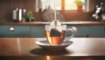 Wall Mural - Teabag being dipped in a cup filled with hot steaming water in a kitchen