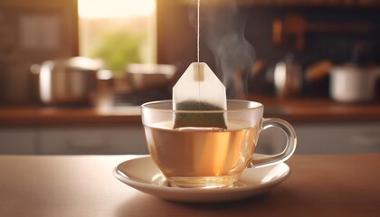 Teabag being dipped in a cup filled with hot steaming water in a kitchen