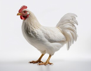 On a white BackgroundA white chicken standing on a white background