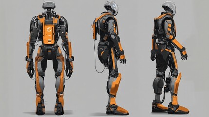 3D rendering of a futuristic robot with a black and orange exoskeleton, with a transparent helmet. The robot is shown from three different angles.