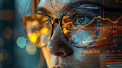 Close-up of a business professional's face with financial graphs and charts overlaid, representing analytical thinking and financial strategy.