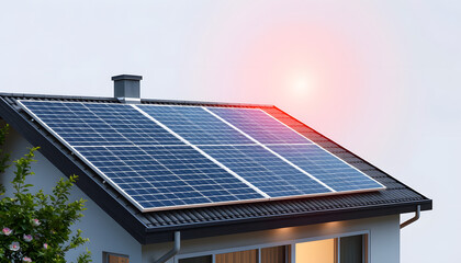 Solar panels on modern house roof, modern eco-living isolated with white highlights, png