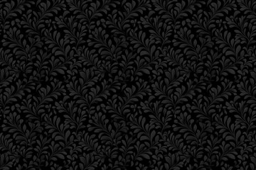 black floral damask seamless pattern tile featuring intricate and ornate monochrome leaf designs on 