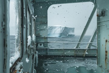 A view of a boat floating in the ocean from inside a building