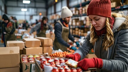 Volunteers packing boxes of canned food and dry goods for a food bank in a well-organized distribution center.