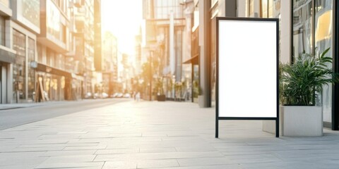 Empty advertising board on a city street with modern buildings in the background