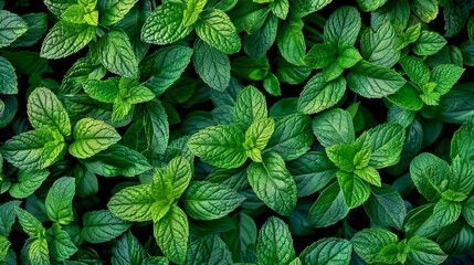 Wall Mural - A vibrant collection of fresh mint leaves fills the frame. This natural image showcases the rich green colors and detailed textures of the leaves. Perfect for nature lovers. AI