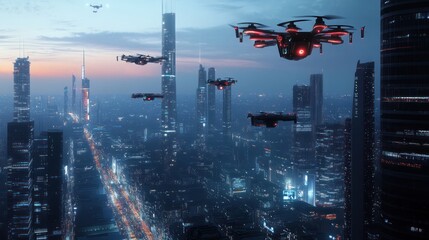 Futuristic Cityscape with Drones