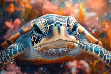 vibrant watercolor illustration of baby sea turtle coral reef background playful expression saturated tropical colors whimsical style