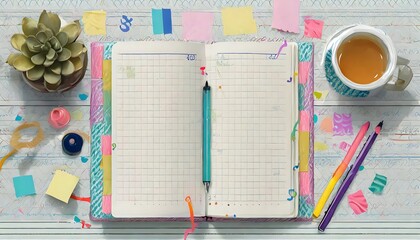 Bullet Journal Layout - A top-down view of a blank creative diary with decorative elements with coffee mug. Graphic art illustration planner