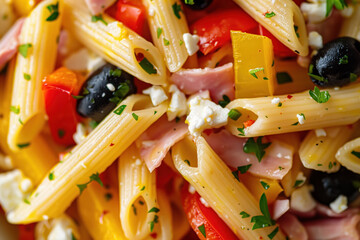 Wall Mural - Pasta salad with ham, olives, and peppers